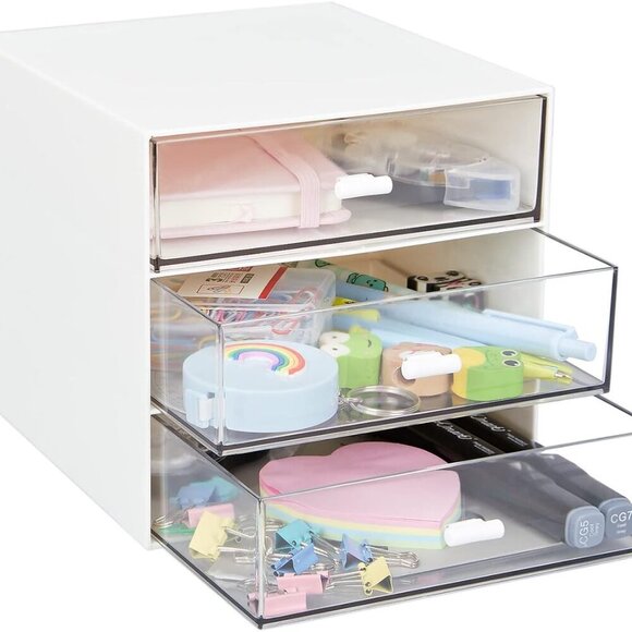 Desk Organizer with 3 Drawers, Clear Plastic Desk Storage Box, Desktop Organizat - Picture 4 of 7